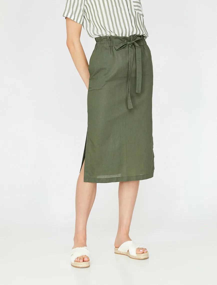 11964 Khaki Slit Detailed Midi Skirt