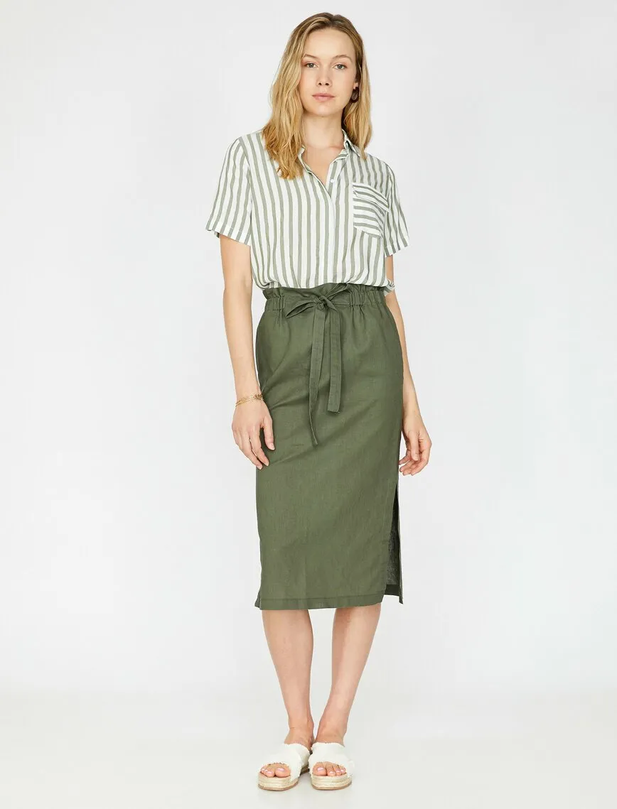 11964 Khaki Slit Detailed Midi Skirt