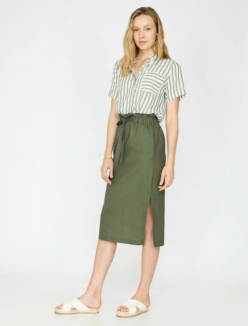 11964 Khaki Slit Detailed Midi Skirt