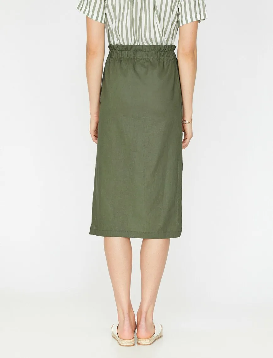 11964 Khaki Slit Detailed Midi Skirt