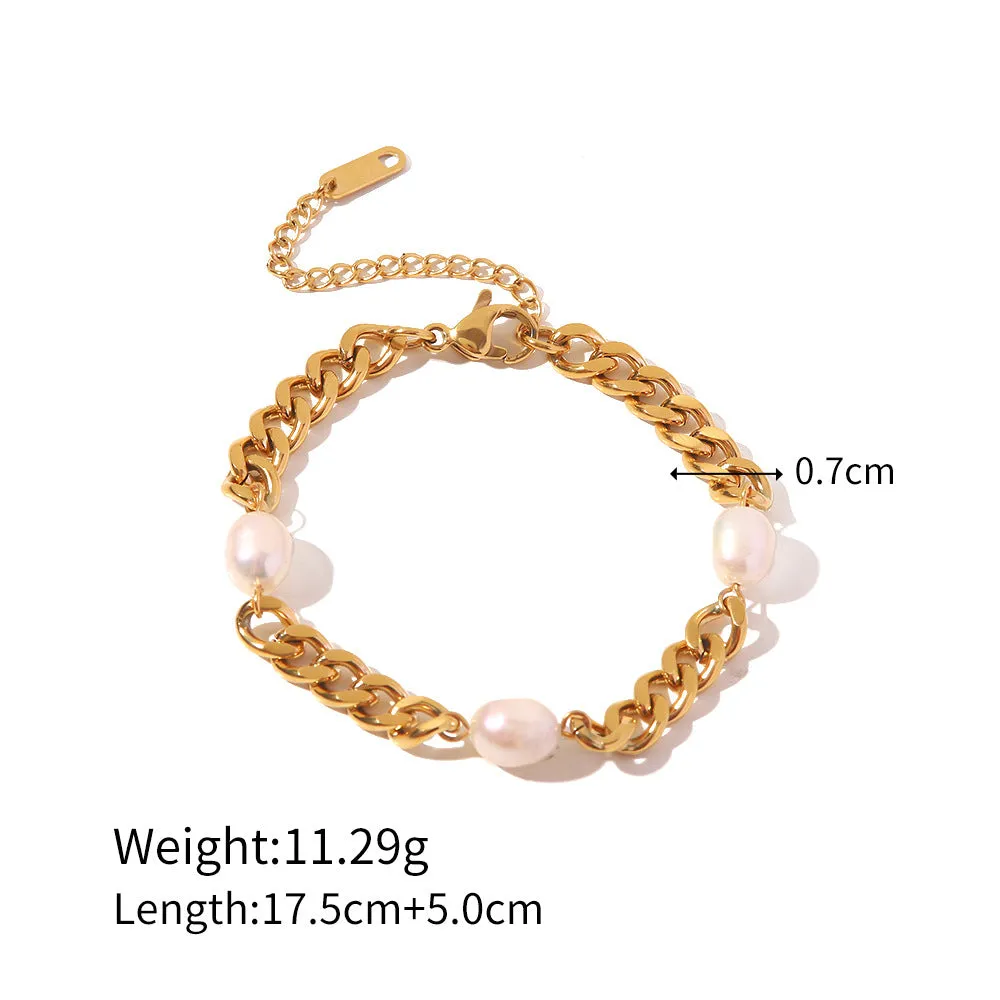 18K Gold Inlaid Three Pearls Fashion Simple Bracelet