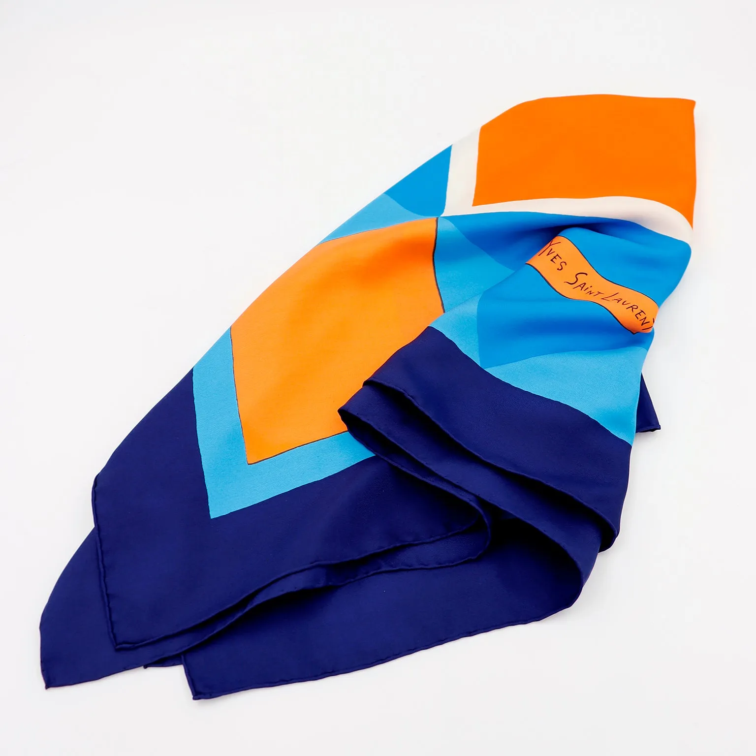 1980s Yves Saint Laurent Vintage Orange & Blue Geometric Print Silk Scarf