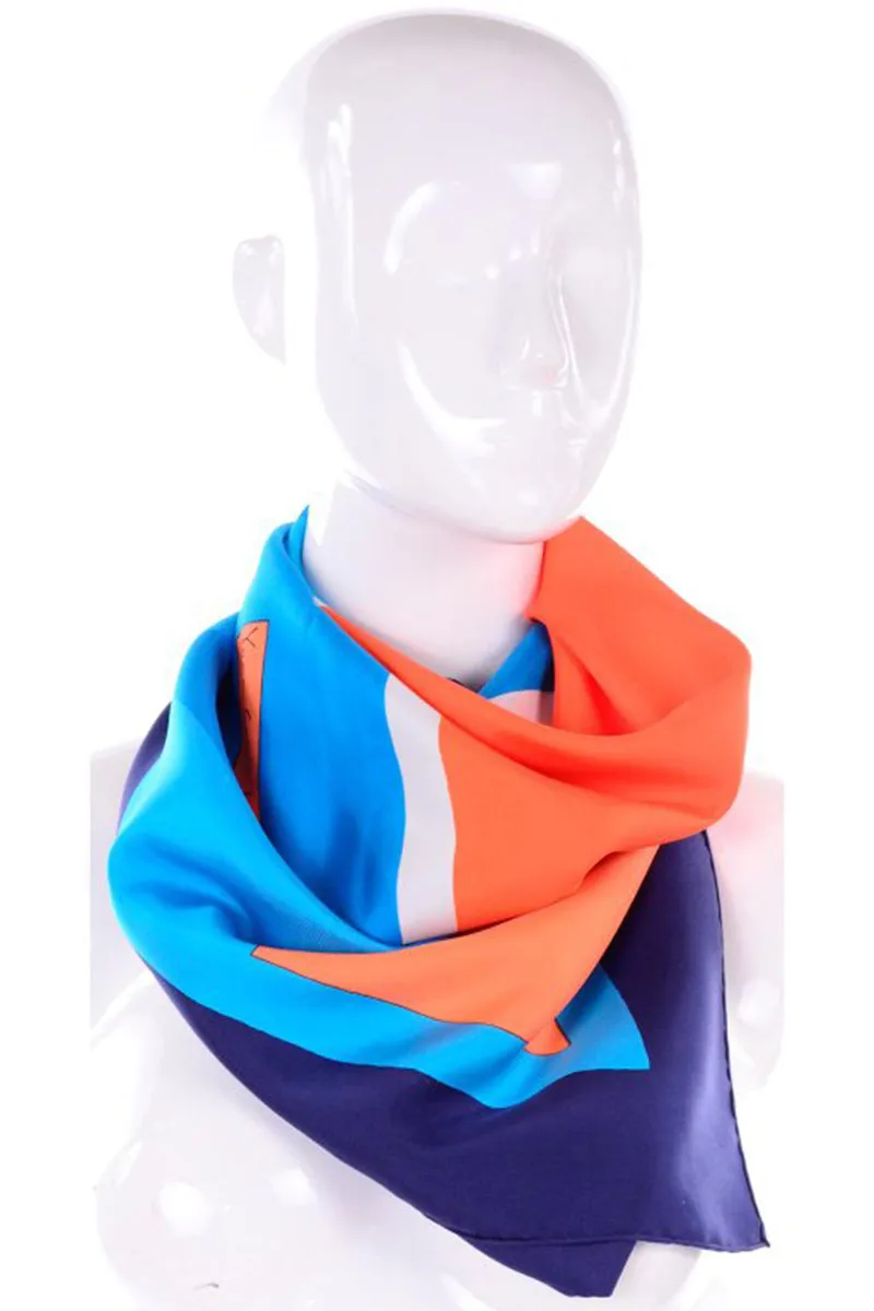 1980s Yves Saint Laurent Vintage Orange & Blue Geometric Print Silk Scarf