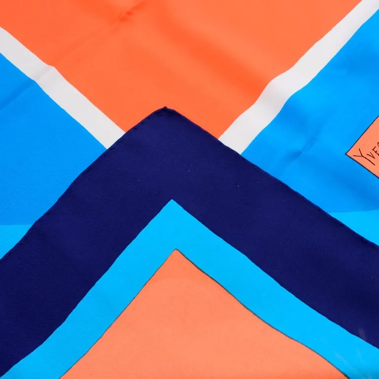 1980s Yves Saint Laurent Vintage Orange & Blue Geometric Print Silk Scarf