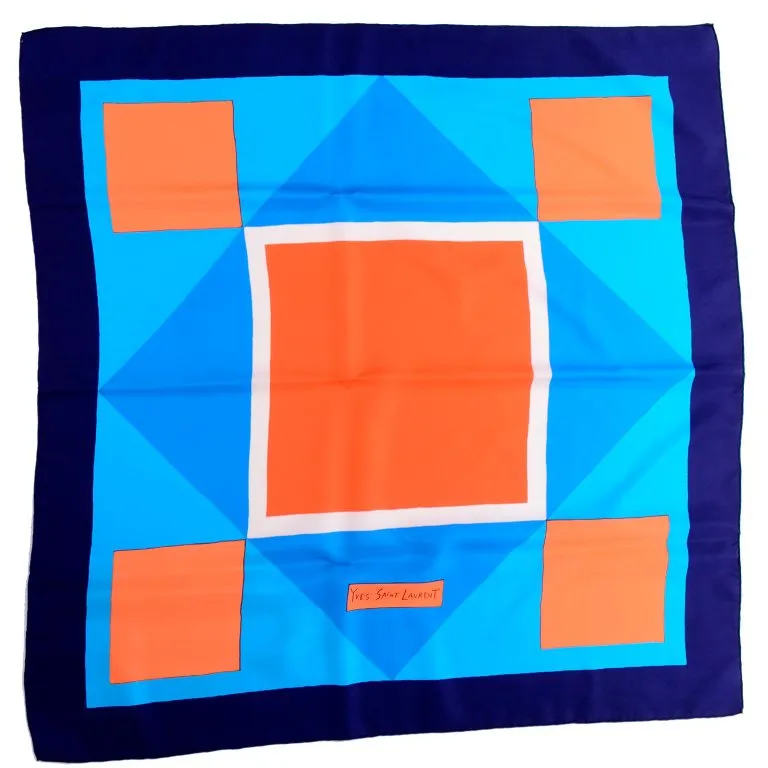 1980s Yves Saint Laurent Vintage Orange & Blue Geometric Print Silk Scarf