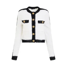 2 Pockets Tweed Knit Cropped Jacket in White/Black