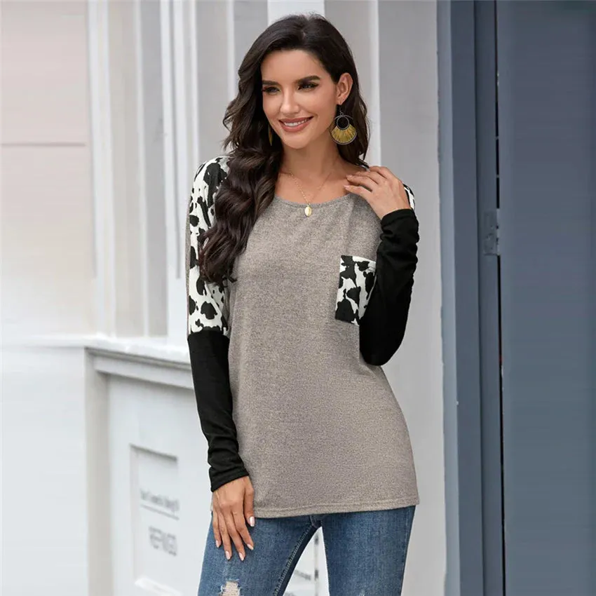 2024 Leopard Patchwork Long Sleeve Tee for Women