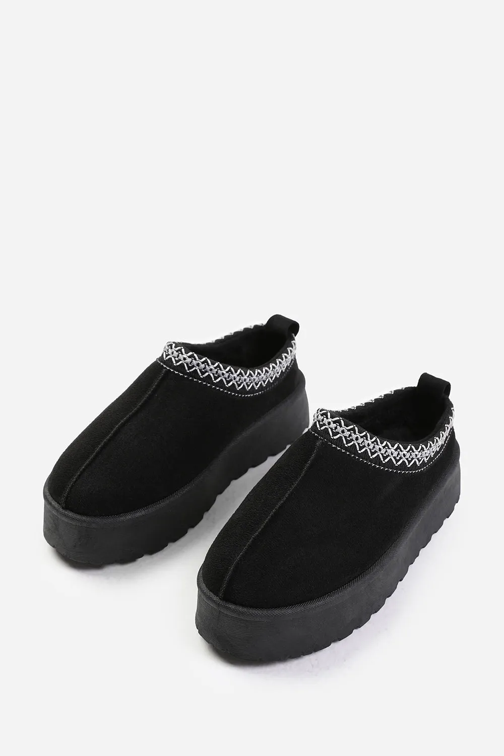 ALLEGRA FLATFORM EMBROIDERED LOW ANKLE SLIPPER BOOTS IN BLACK SUEDE