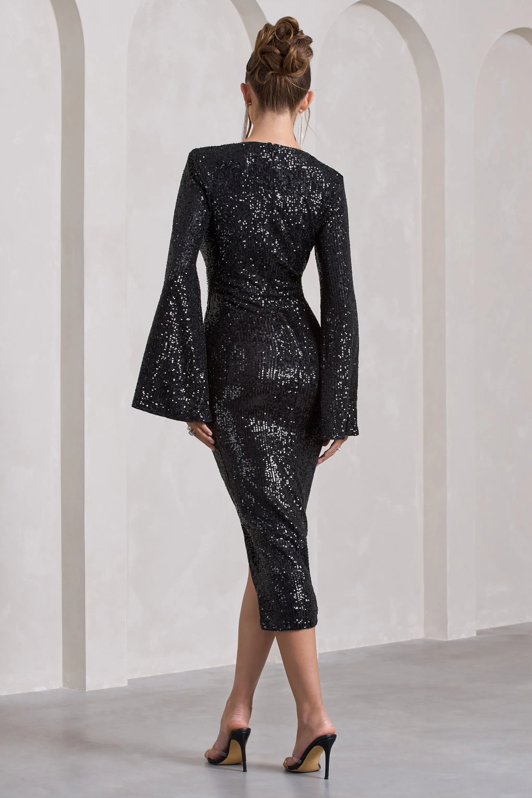 Amber | Black Sequin Plunge Wrap Midi Dress with Cape Sleeves and Front Split