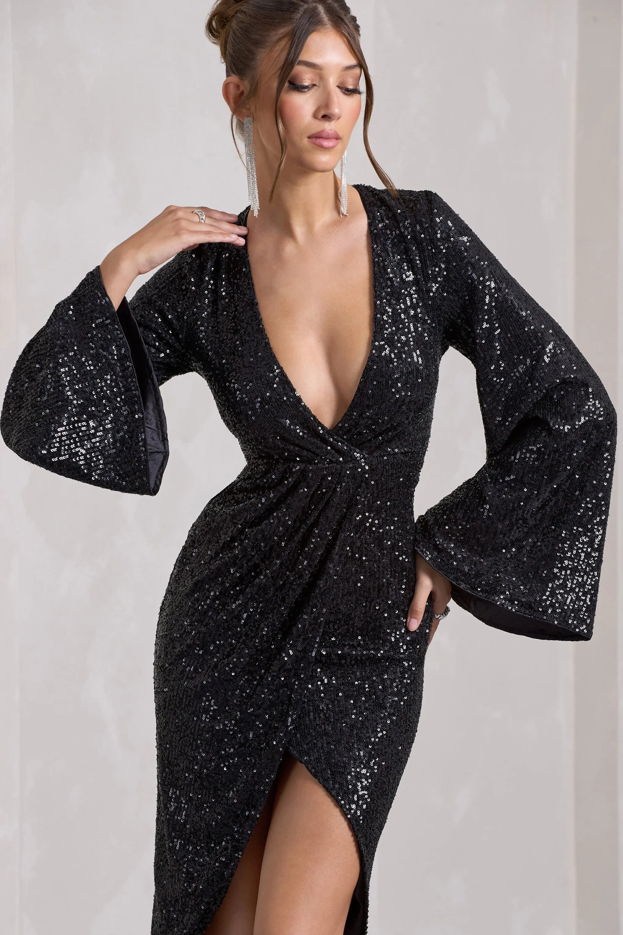 Amber | Black Sequin Plunge Wrap Midi Dress with Cape Sleeves and Front Split