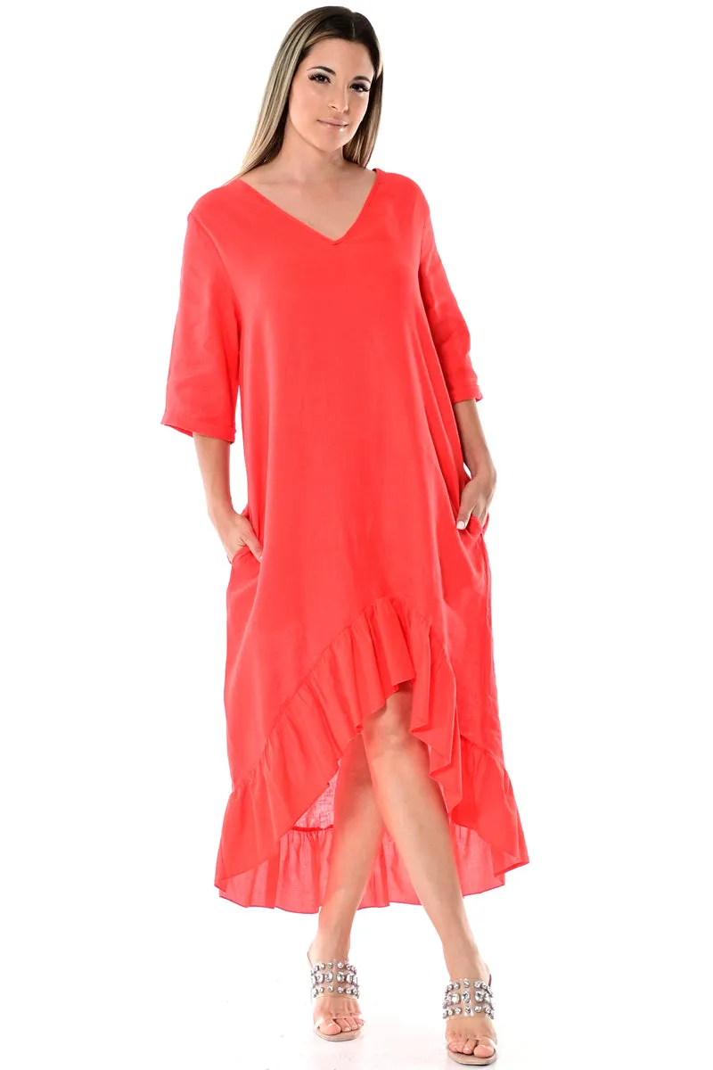 Azucar 100% Linen Ladies Dress with 3/4 Sleeve and Ruffled Hem in (3) Colors-LLD1451/LLWD1981