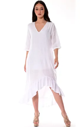 Azucar 100% Linen Ladies Dress with 3/4 Sleeve and Ruffled Hem in (3) Colors-LLD1451/LLWD1981