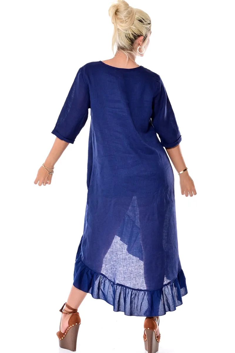 Azucar 100% Linen Ladies Dress with 3/4 Sleeve and Ruffled Hem in (3) Colors-LLD1451/LLWD1981