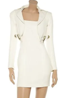 Balmain  - New with Tags Long Sleeve Off White Linen Dress with Leather Buckle - FR 40