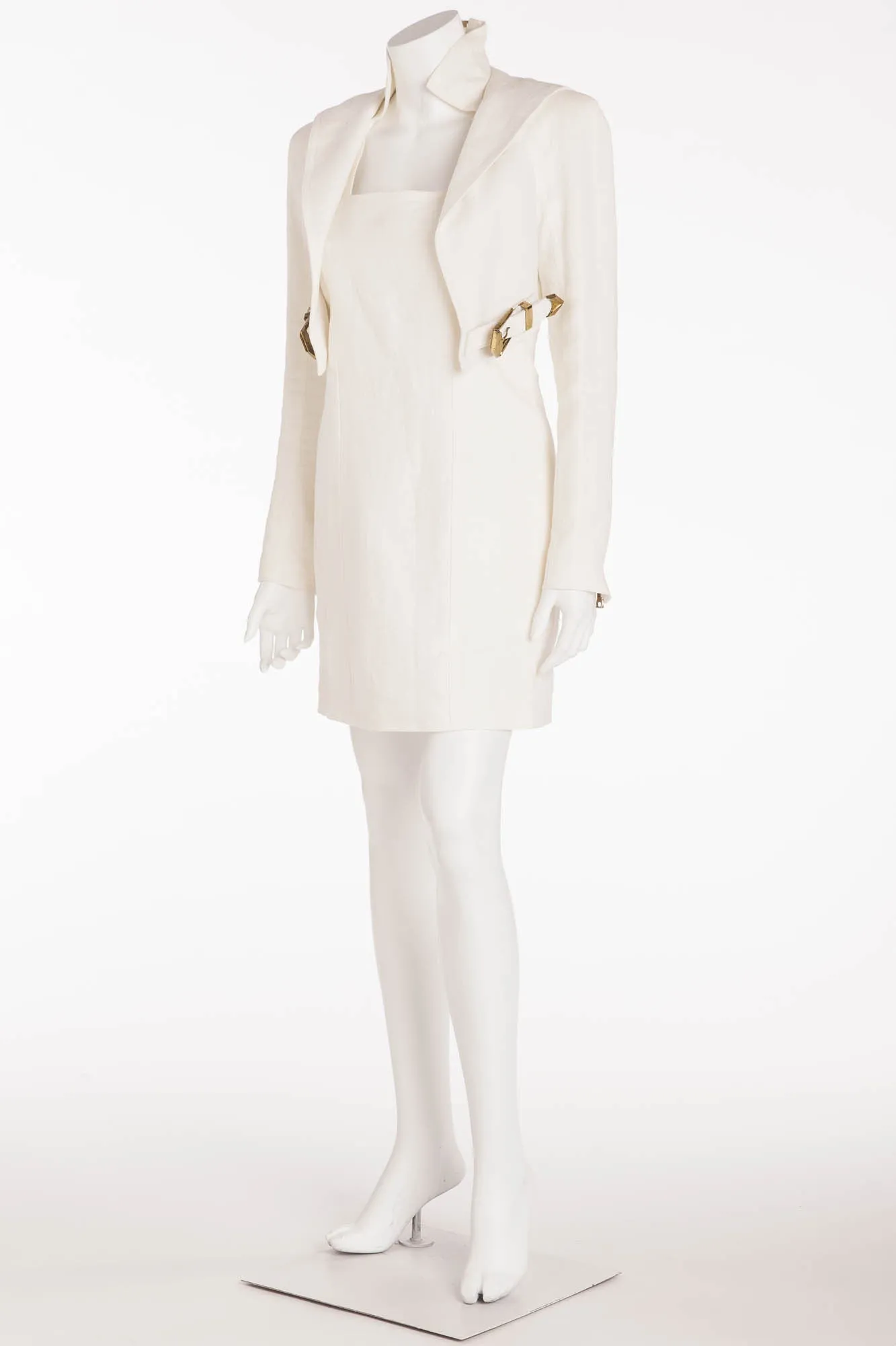 Balmain  - New with Tags Long Sleeve Off White Linen Dress with Leather Buckle - FR 40