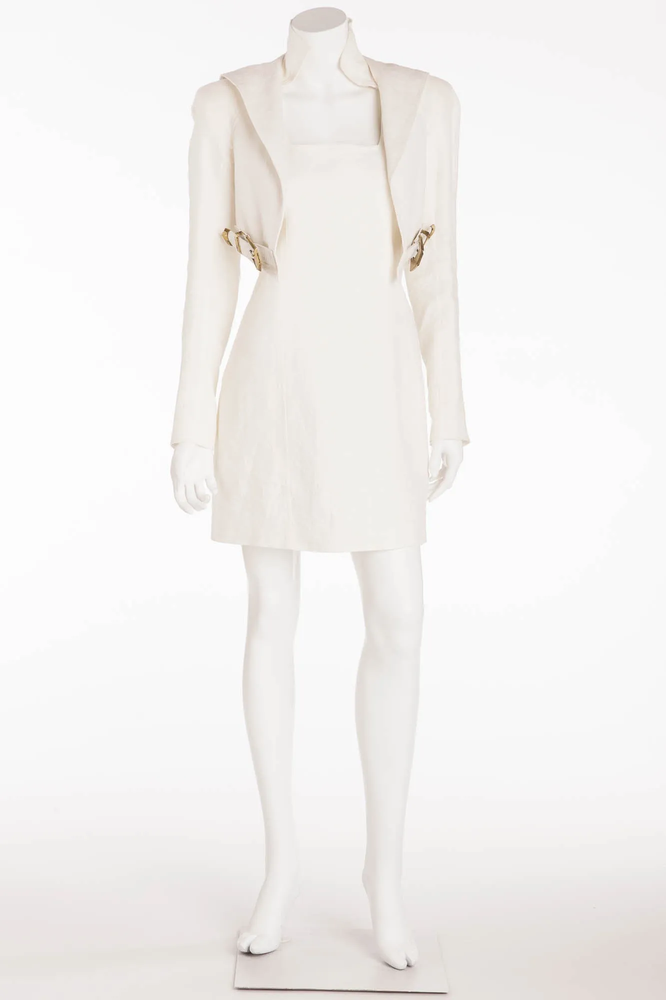 Balmain  - New with Tags Long Sleeve Off White Linen Dress with Leather Buckle - FR 40