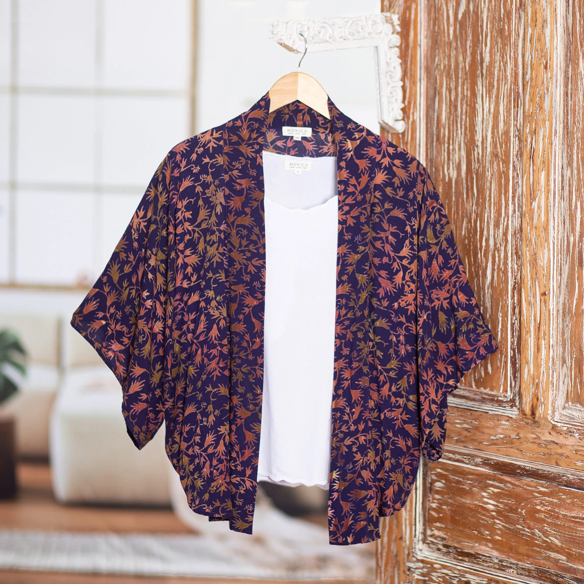 Batik Kimono Jacket in Blue Purple & Brown with Leaf Motifs - Kintamani | NOVICA