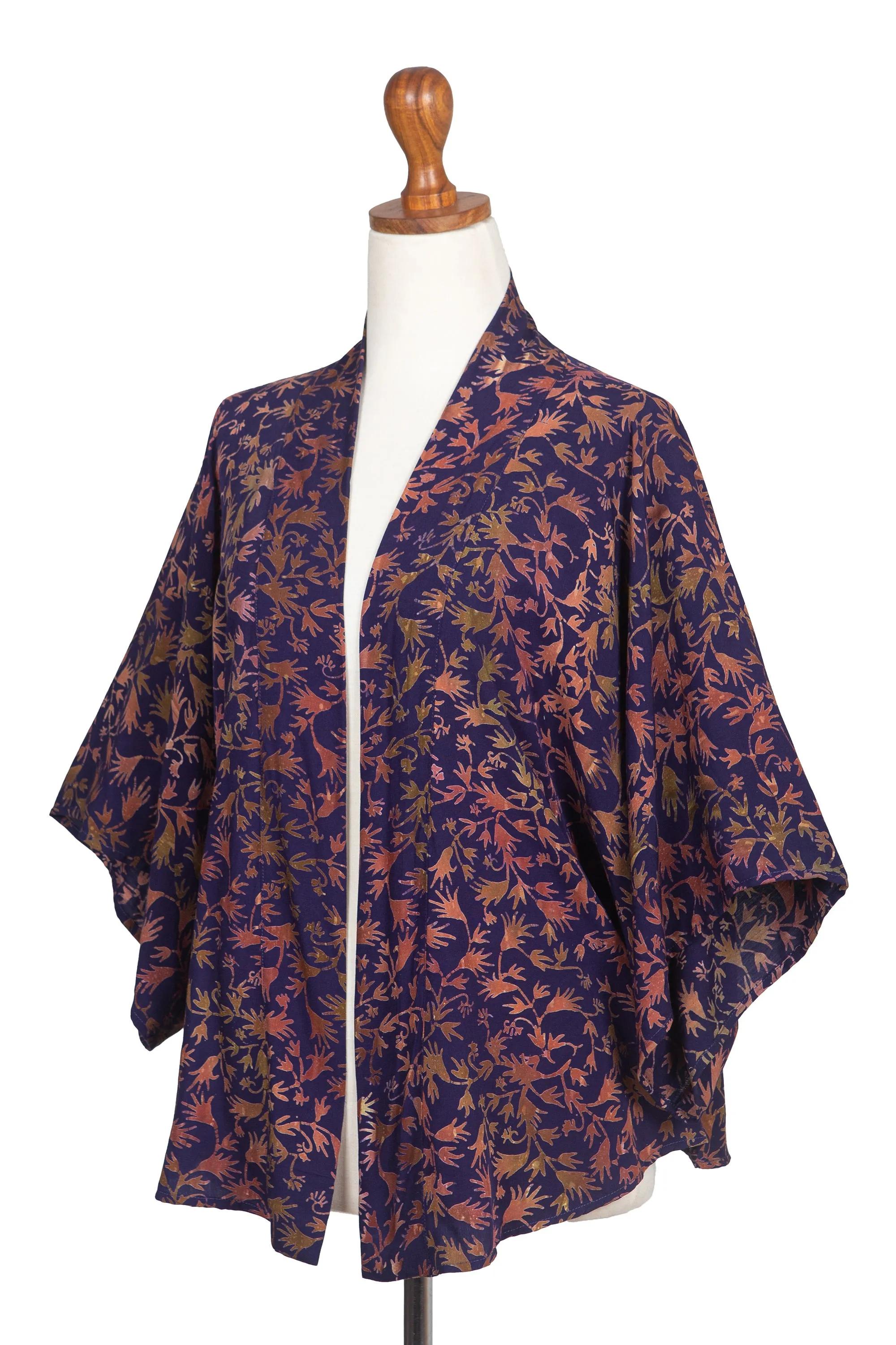 Batik Kimono Jacket in Blue Purple & Brown with Leaf Motifs - Kintamani | NOVICA