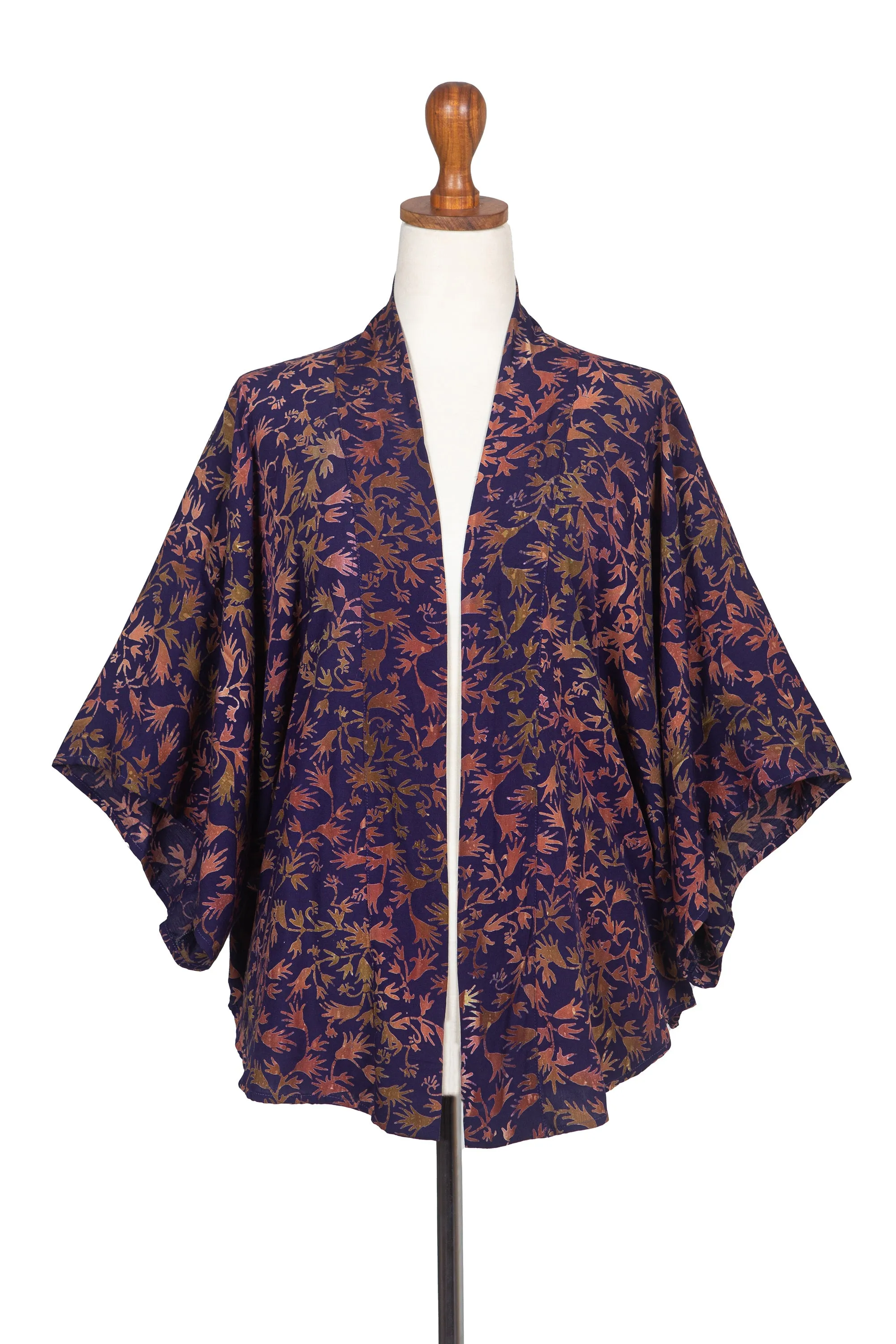 Batik Kimono Jacket in Blue Purple & Brown with Leaf Motifs - Kintamani | NOVICA