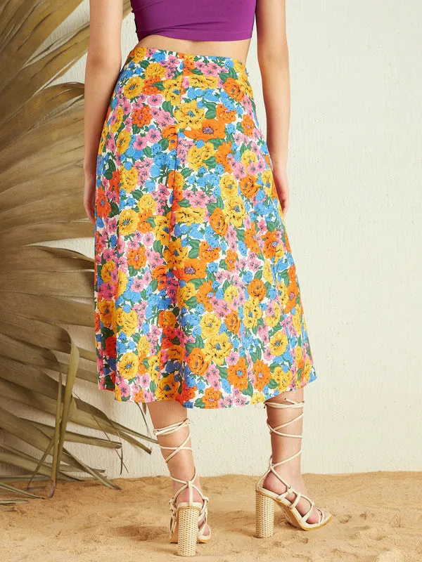 Berrylush Women Multicolour Floral Printed Crepe Thigh-High Slit Flared A-Line Midi Skirt