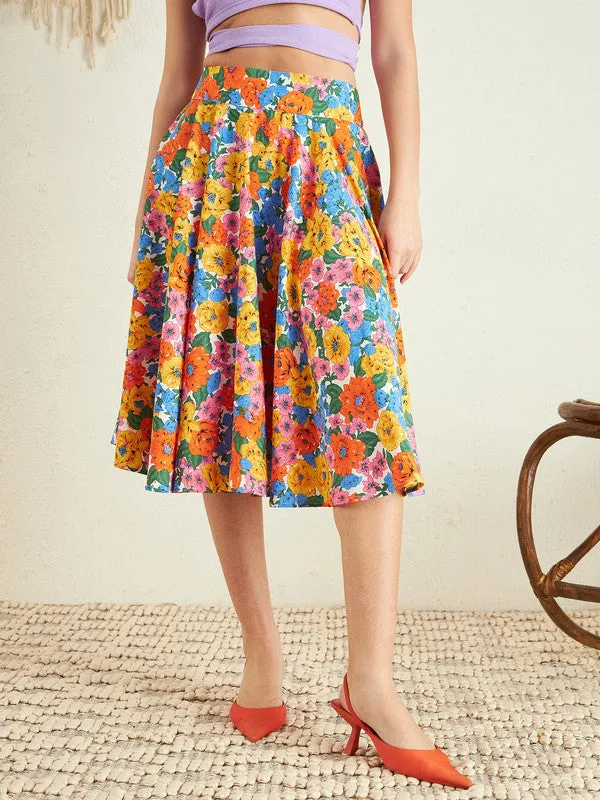 Berrylush Women Multicolour Floral Printed High-Rise Waist Crepe Pleated A-Line Midi Skirt