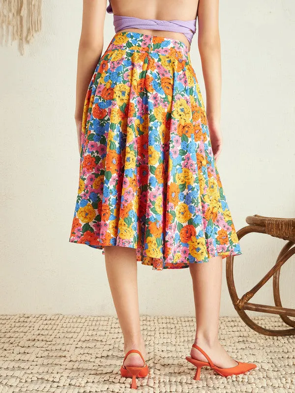 Berrylush Women Multicolour Floral Printed High-Rise Waist Crepe Pleated A-Line Midi Skirt