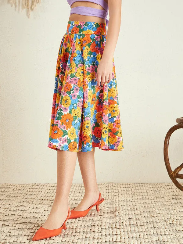 Berrylush Women Multicolour Floral Printed High-Rise Waist Crepe Pleated A-Line Midi Skirt