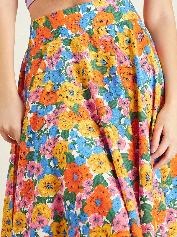 Berrylush Women Multicolour Floral Printed High-Rise Waist Crepe Pleated A-Line Midi Skirt