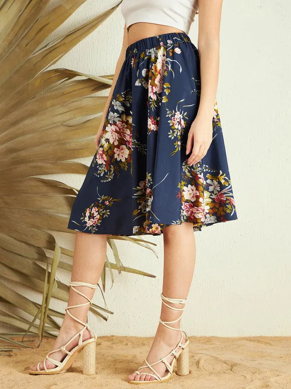 Berrylush Women Navy Blue Floral Printed High-Rise Elastic Waist Slip-On Straight Hem A-Line Midi Skirt