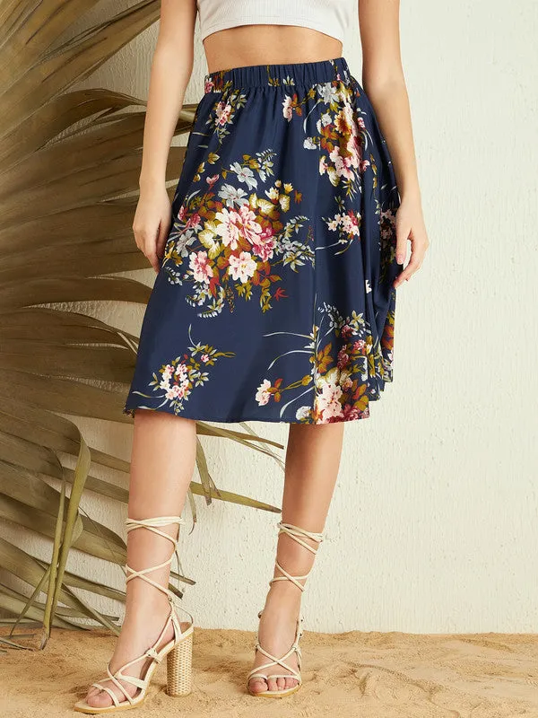 Berrylush Women Navy Blue Floral Printed High-Rise Elastic Waist Slip-On Straight Hem A-Line Midi Skirt