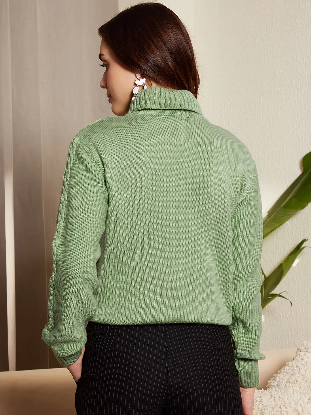 Berrylush Women Solid Light Green Turtle Neck Acrylic Ribbed Hem Cable Knitted Regular Sweater