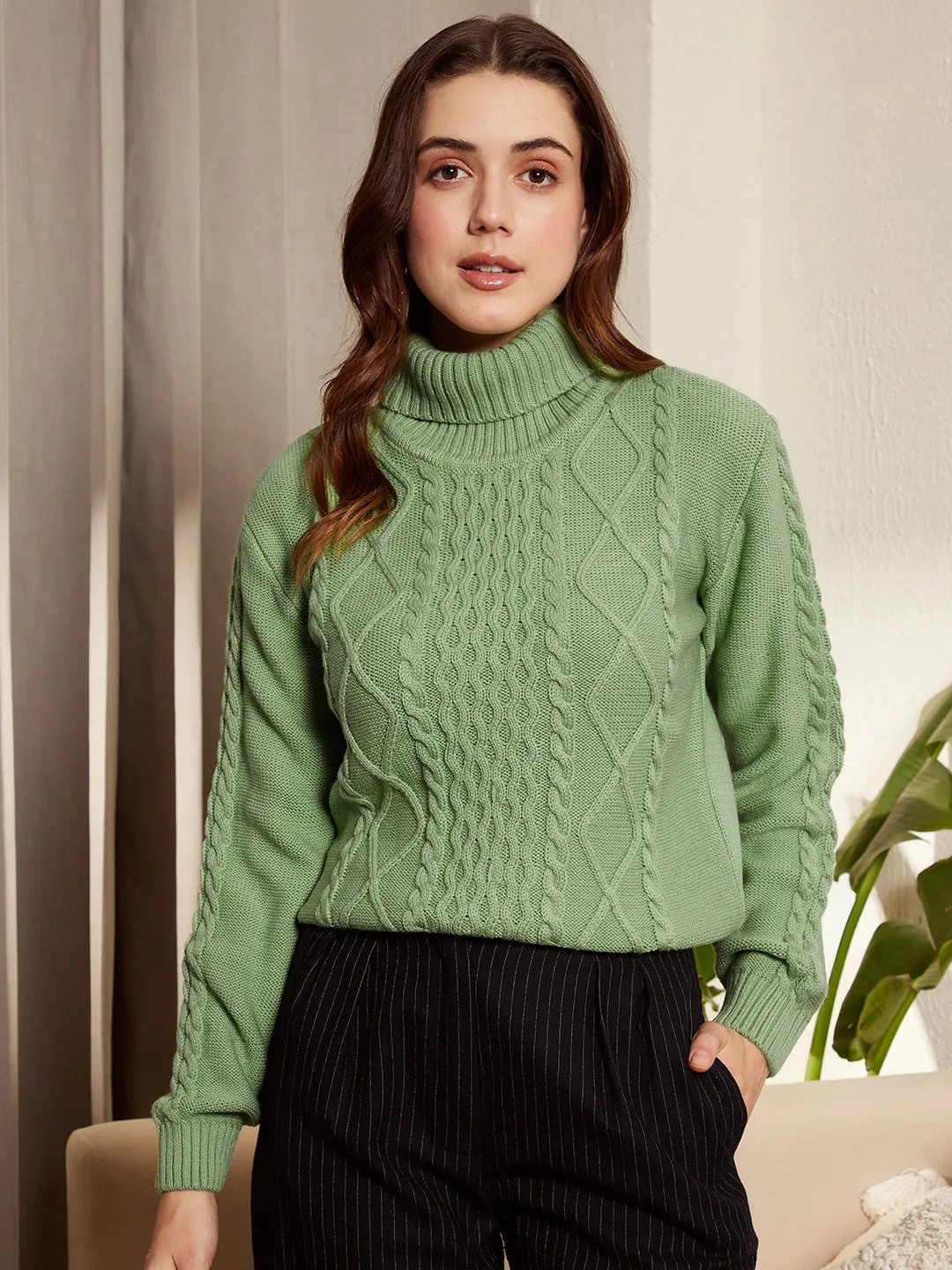 Berrylush Women Solid Light Green Turtle Neck Acrylic Ribbed Hem Cable Knitted Regular Sweater