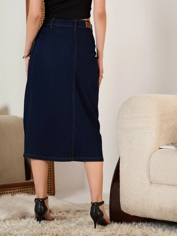 Berrylush Women Solid Navy Blue High-Rise Waist Denim Button-Front Straight Hem Knitted Midi Skirt