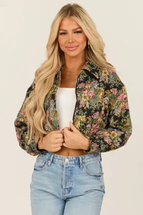 Black Floral Metallic Cropped Bomber Jacket