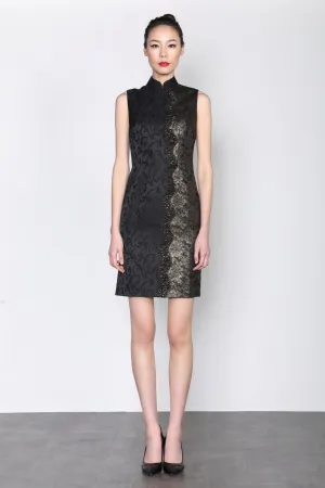 BLACK JACQUARD SLEEVELESS QIPAO WITH GOLD FOIL LACE SIDE PANEL AND MESH RUFFLE