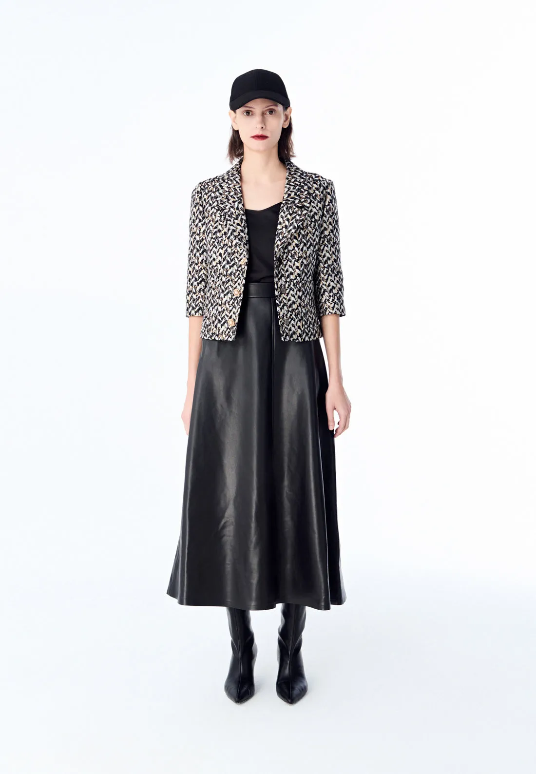 Black Lapel Jacquard Cropped Jacket