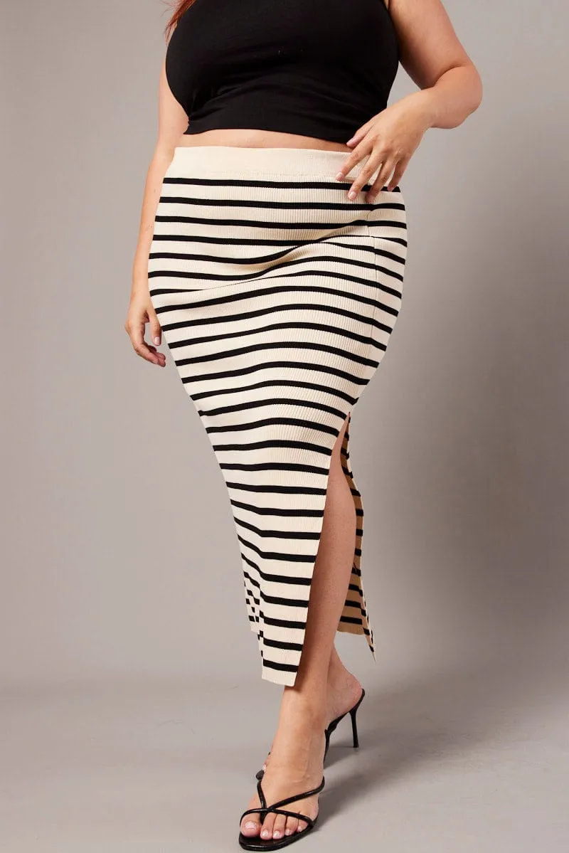 Black Stripe Rib Knit One Split Skirt