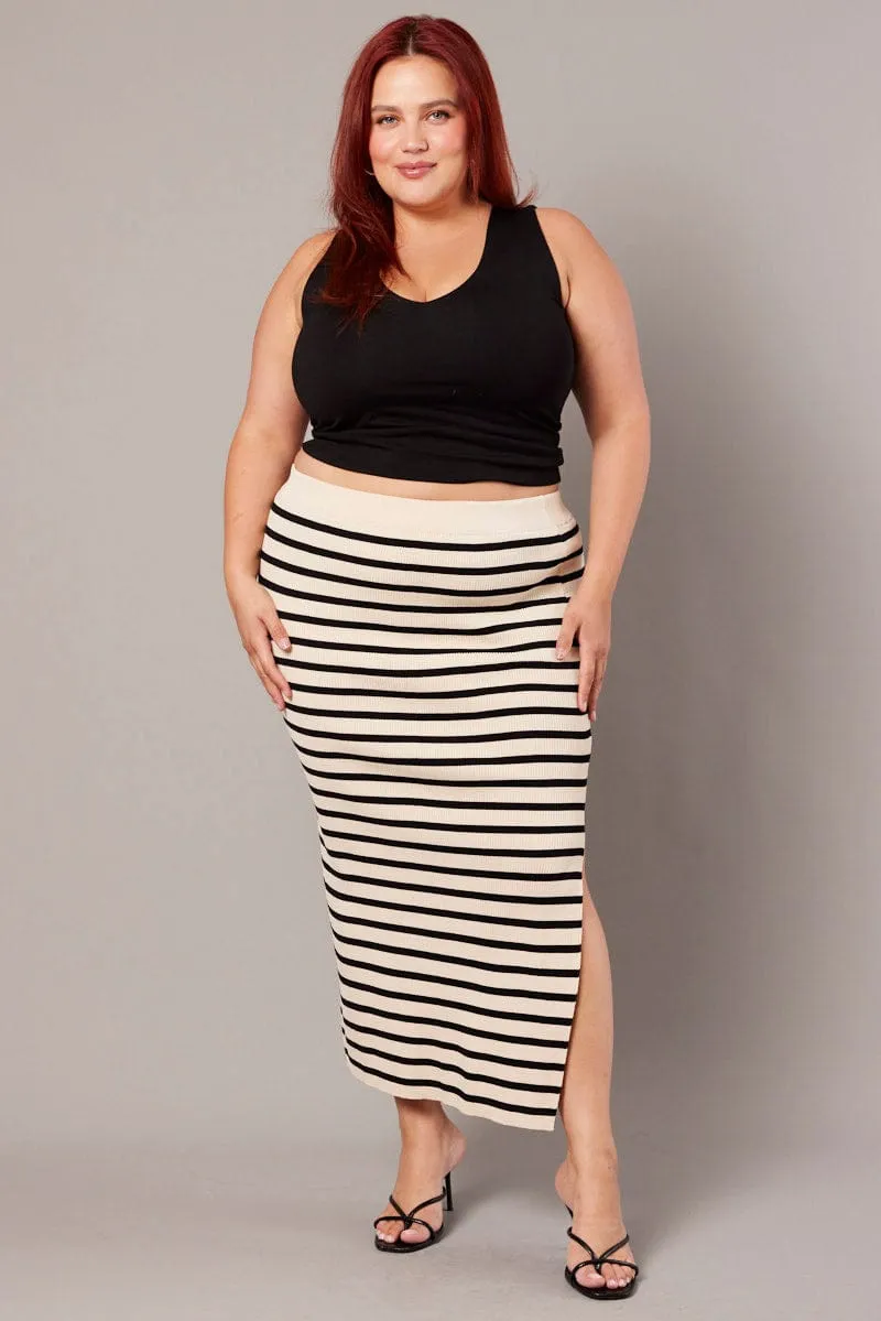 Black Stripe Rib Knit One Split Skirt