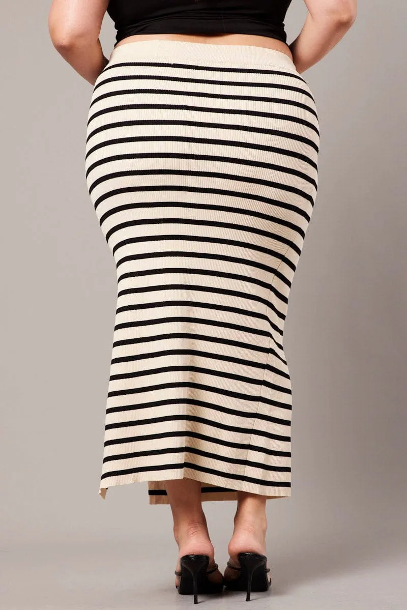 Black Stripe Rib Knit One Split Skirt