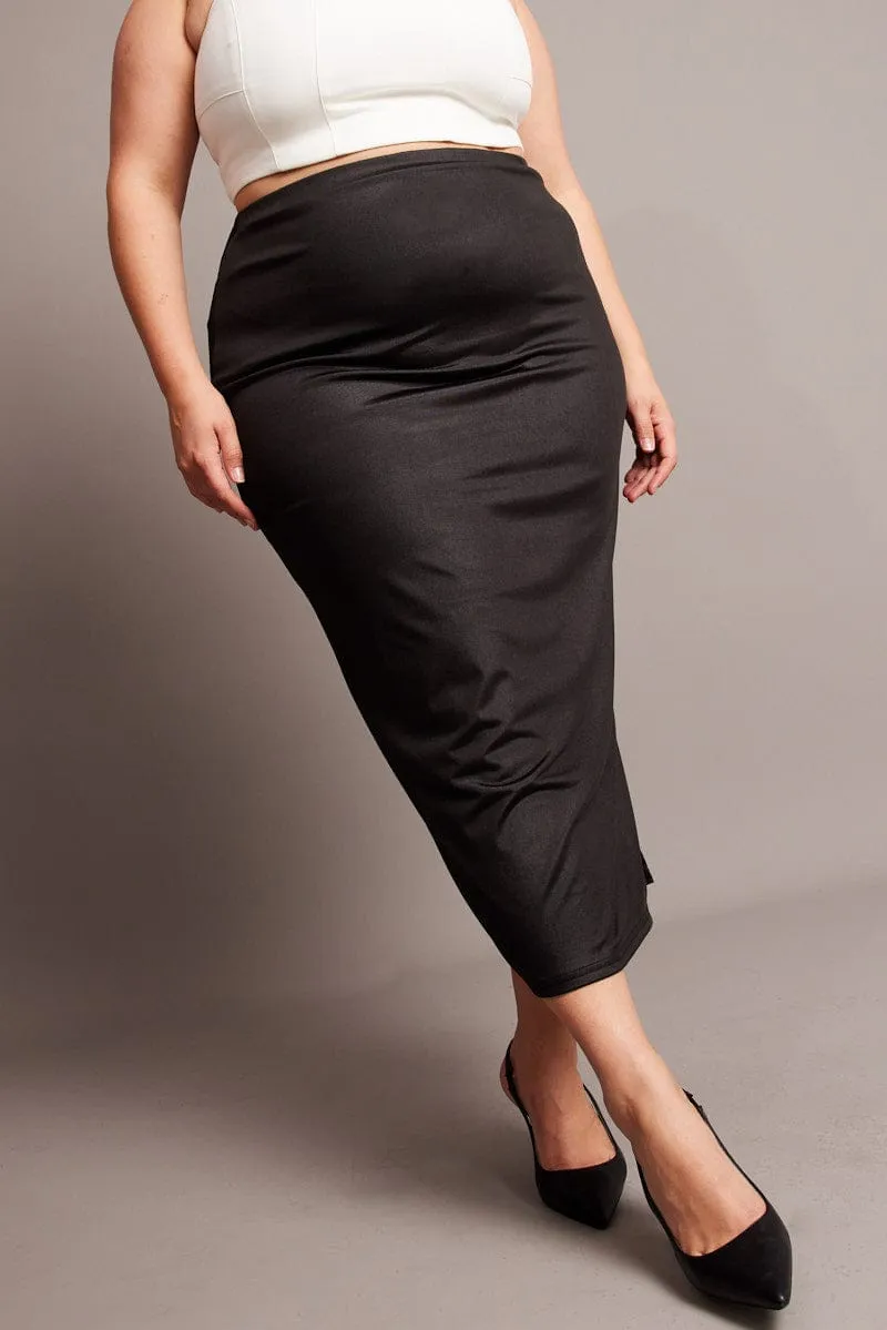 Black Wet Look Midi Skirt