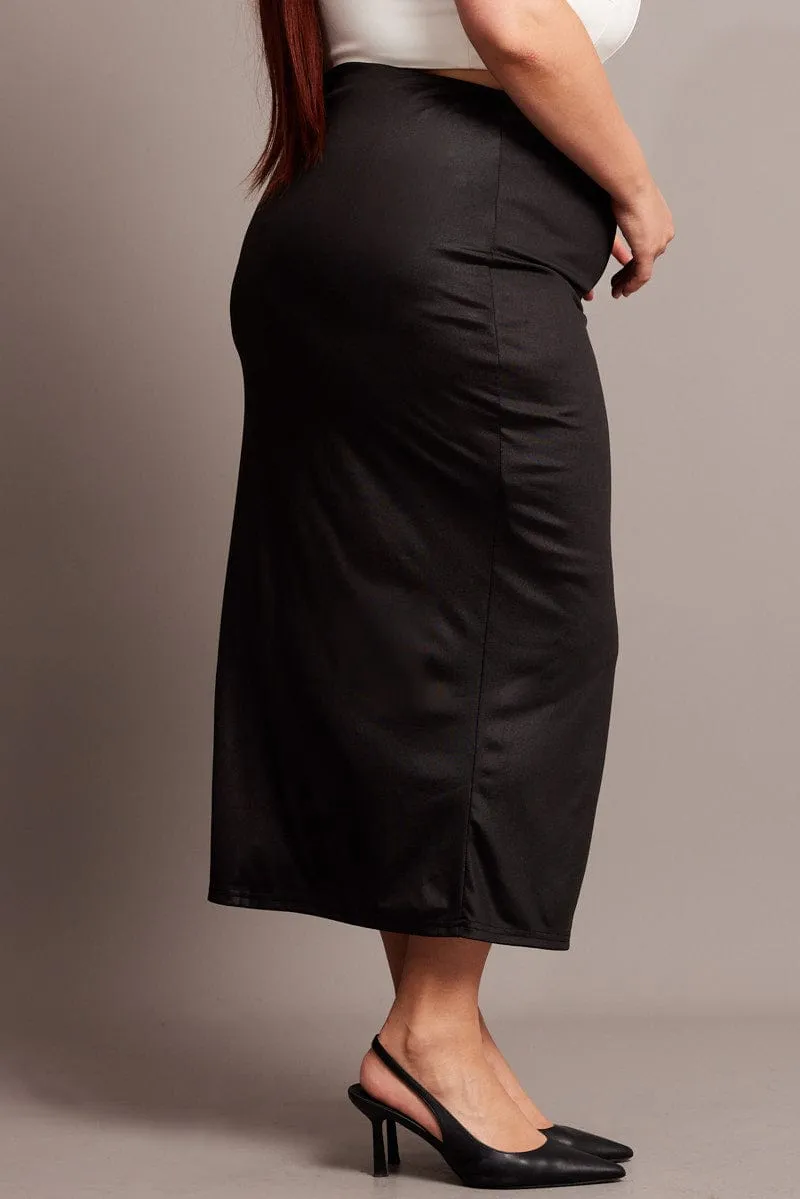 Black Wet Look Midi Skirt