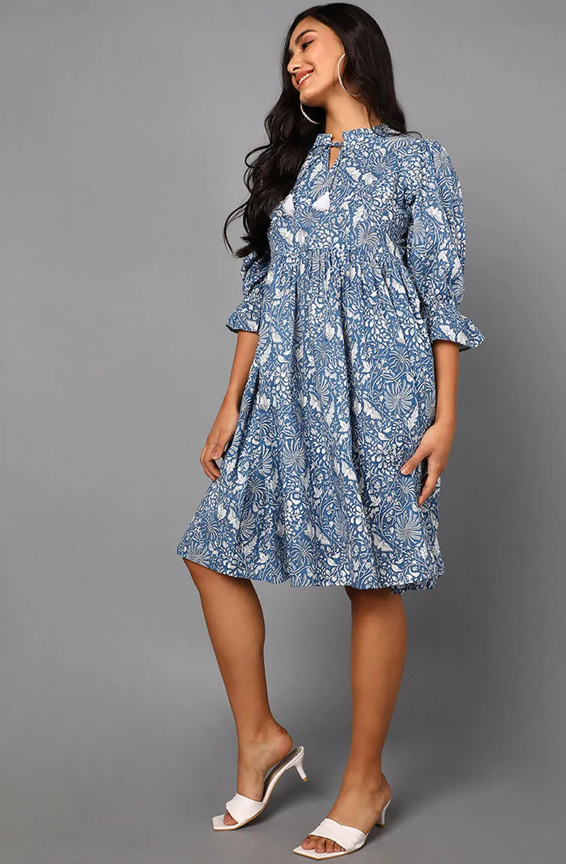 Blue Cotton Floral Print Midi Dress