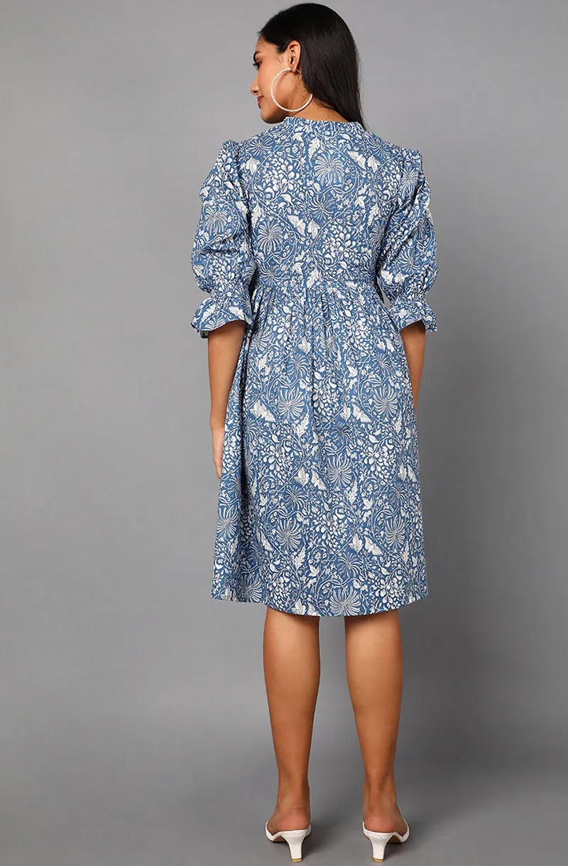 Blue Cotton Floral Print Midi Dress