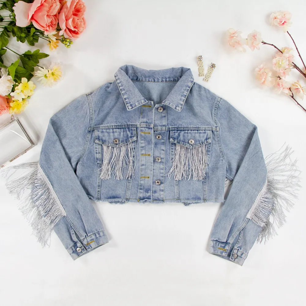 (Blue Fringe) Custom Mrs. Last Name Jean Jacket