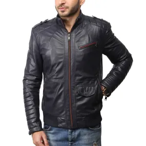 Blue Quilted Details Leather Bomber Jacket By Bareskin