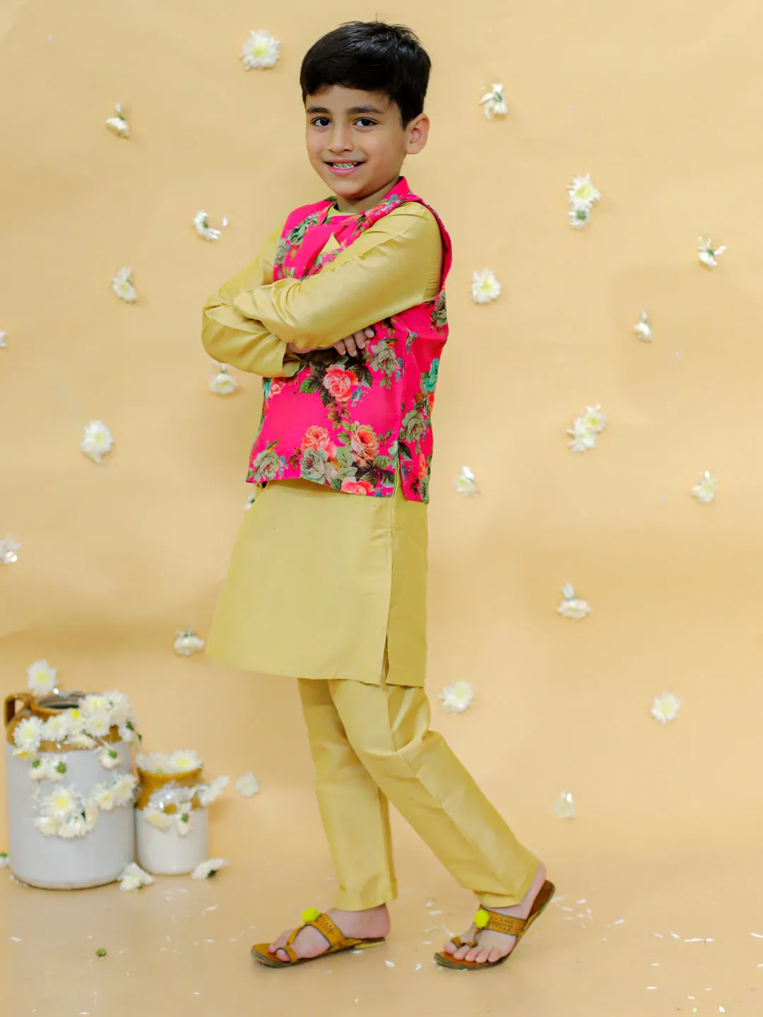 Boy's cotton silk kurta pyjama set with digital floral print jacket- Gold - Lil Peacock