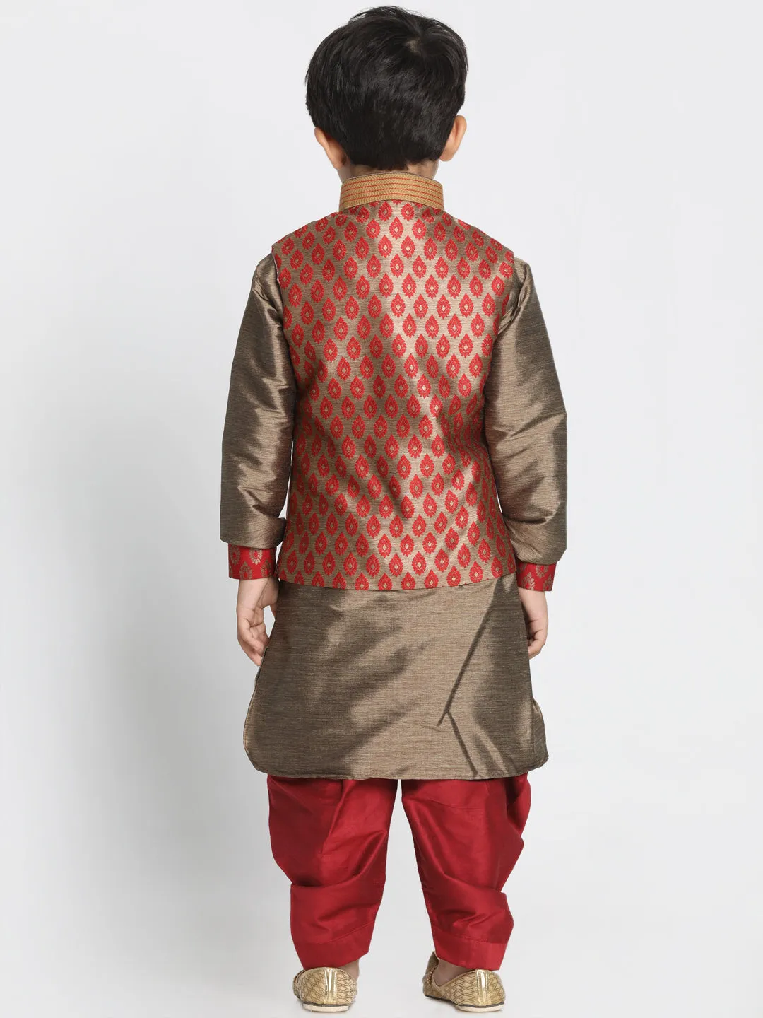 Boy's Maroon And Rose Gold Silk Blend Jacket, Kurta And Dhoti Set - JBN Creation