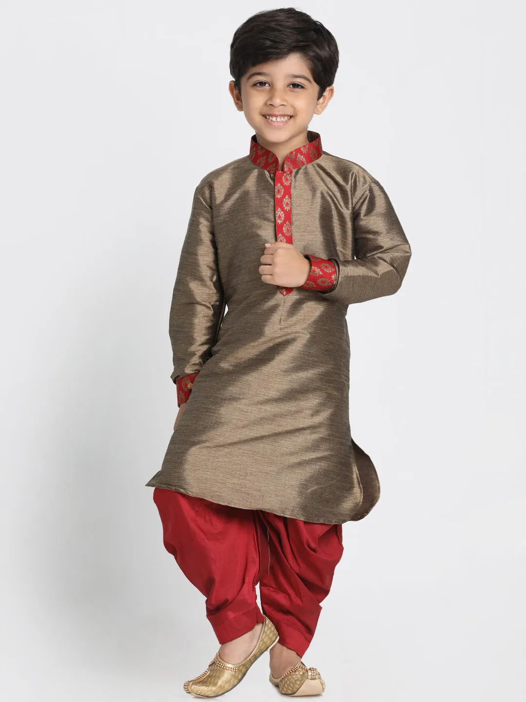 Boy's Maroon And Rose Gold Silk Blend Jacket, Kurta And Dhoti Set - JBN Creation