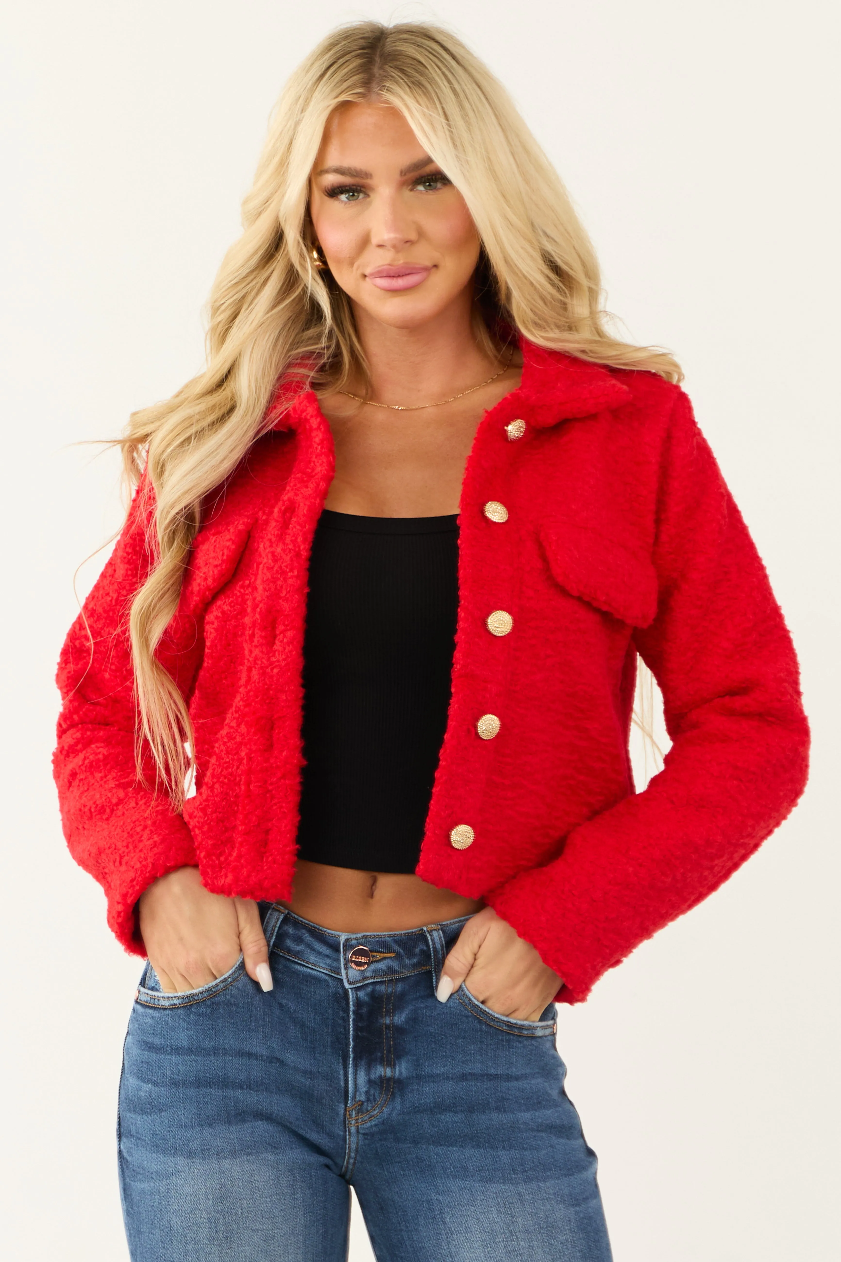 Bright Pomegranate Teddy Fleece Button Down Jacket