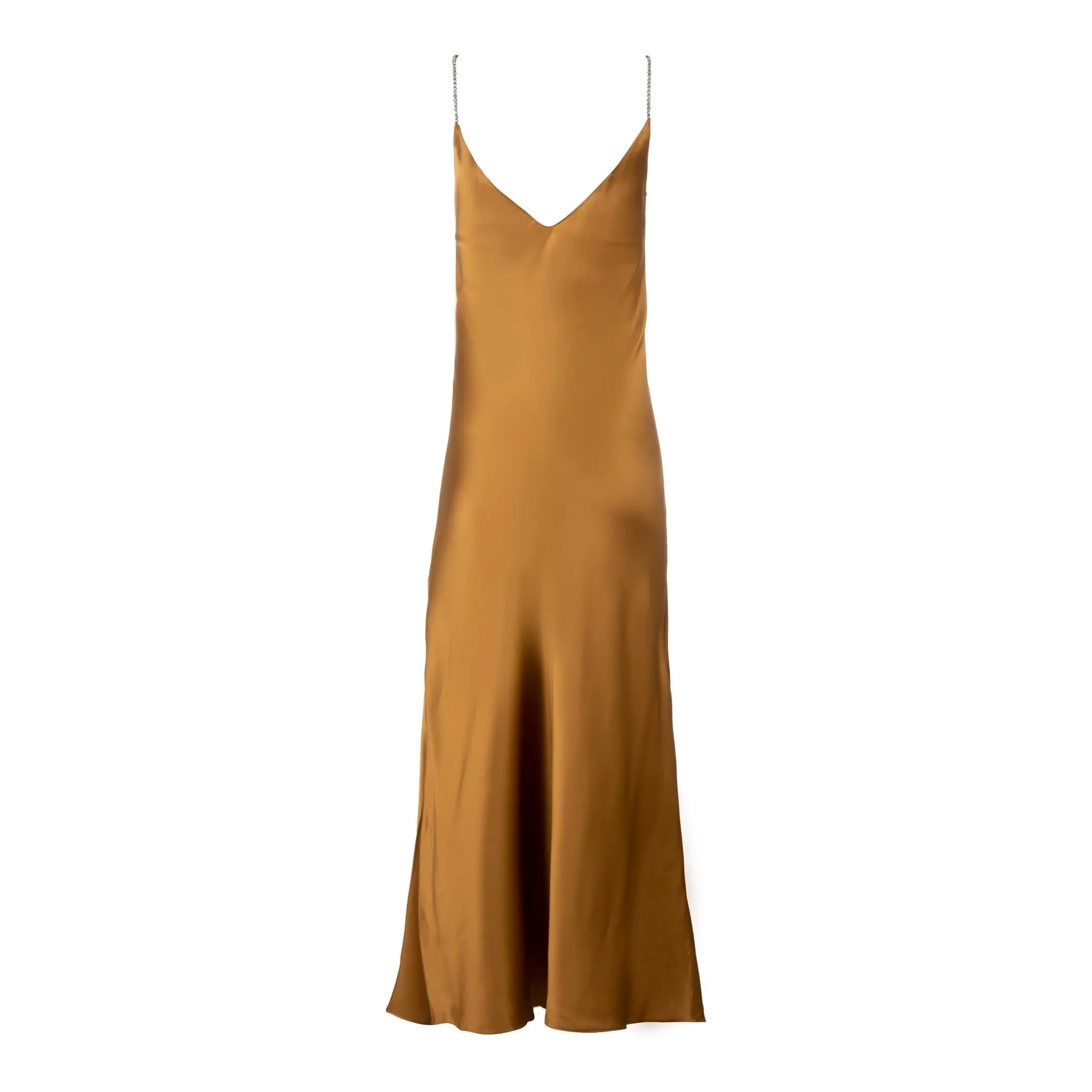 Bronze Crystal Strap Long Silk Slip Dress